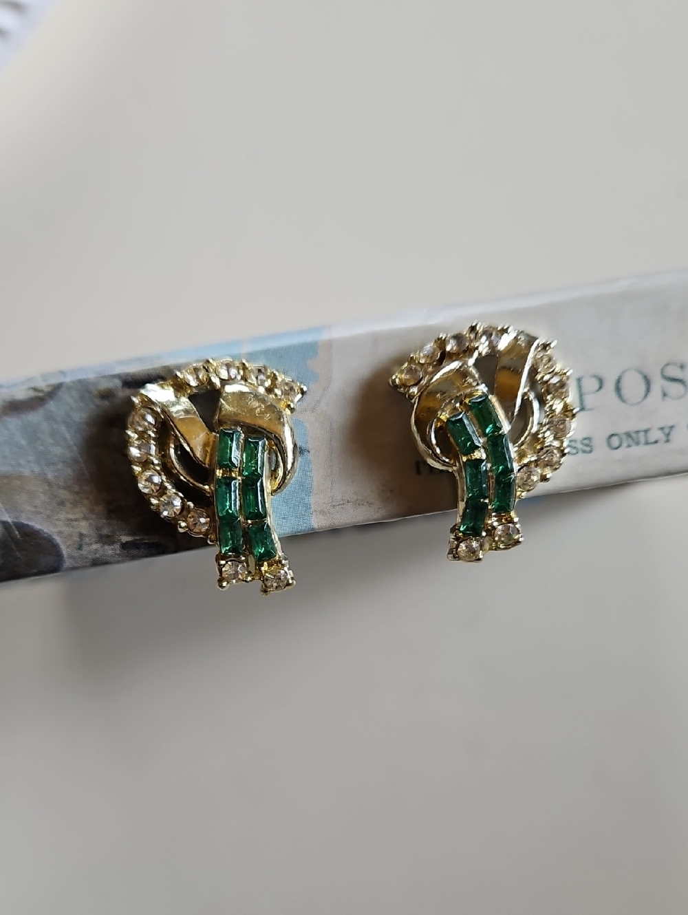 Silver Tone Earrings with Green Baguette Stones and Clear Rhinestones Screw On - Picture 3 of 5